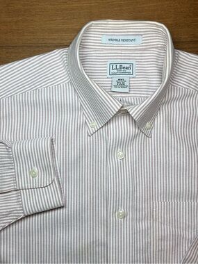 L.L. Bean Men's Light Pink and White Striped Button-Down Dress Shirt